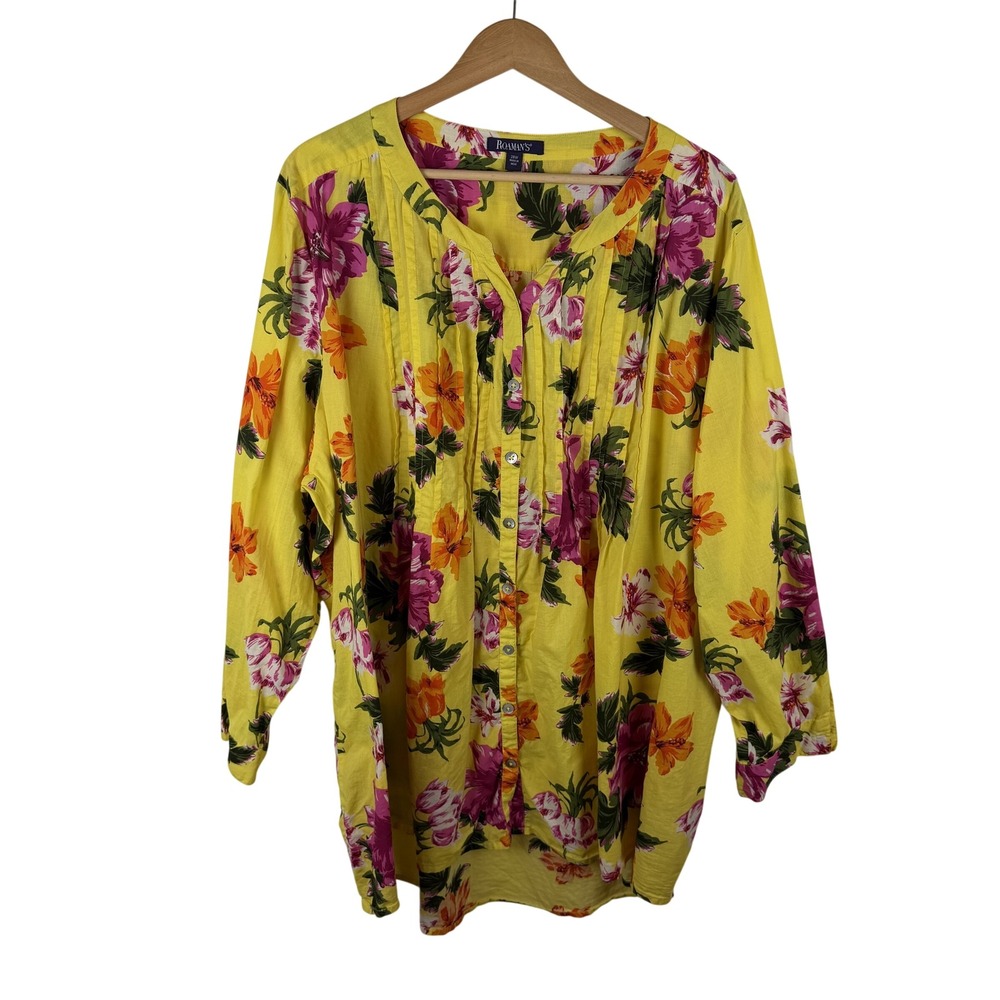 Roamans Yellow Floral Cotton Tunic Top 28W Pintuck Roll Tab Colorful Cottage